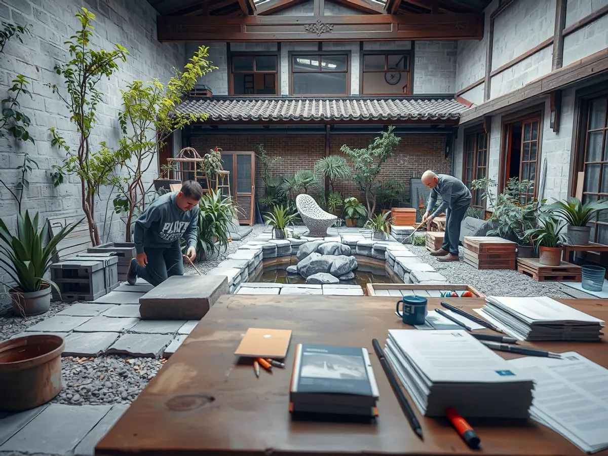 庭院景观施工现场,工人在铺设石材和安装水景