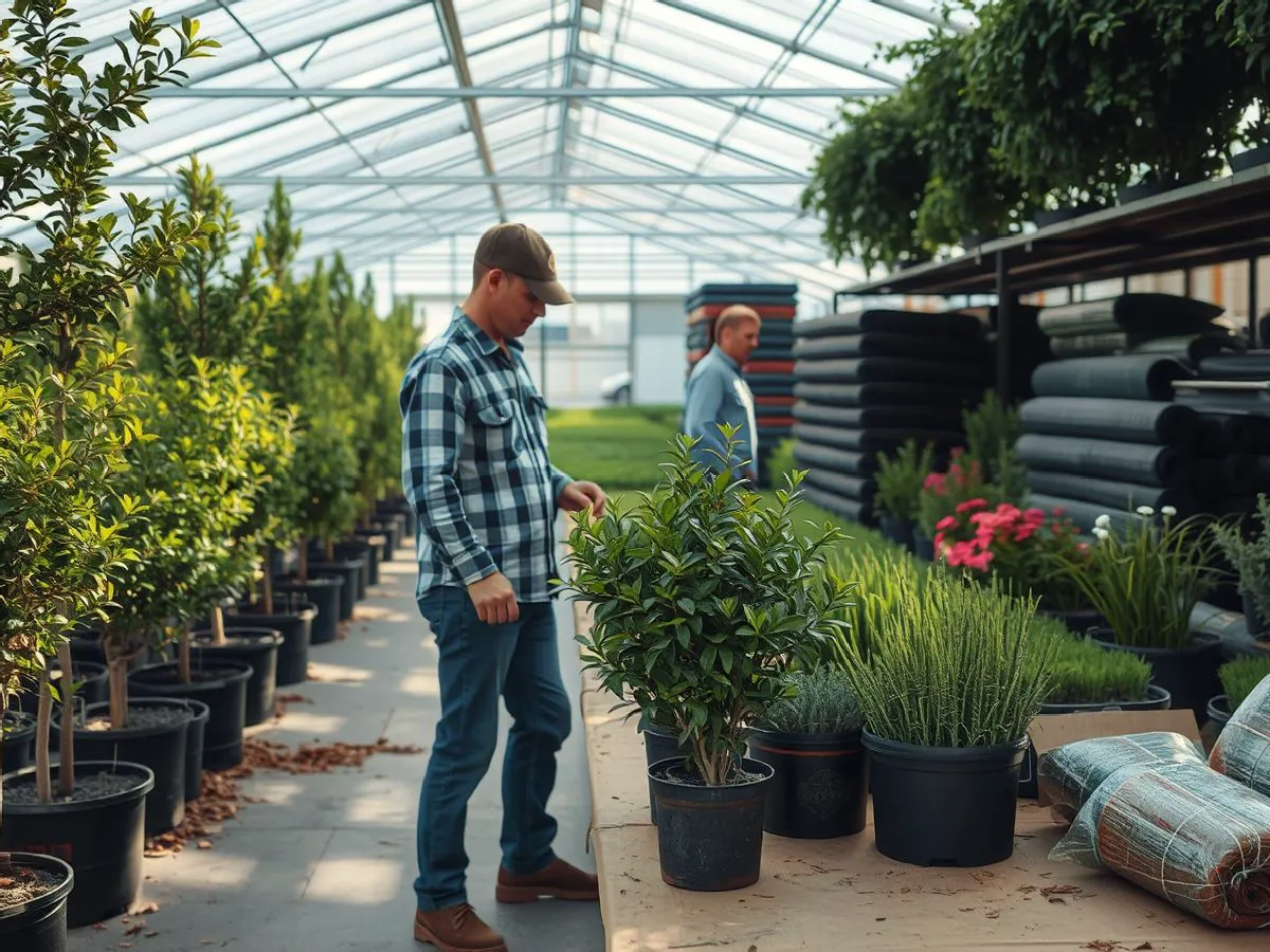 植物材料供应场地，苗木、花卉整齐摆放，工作人员正在检查植物