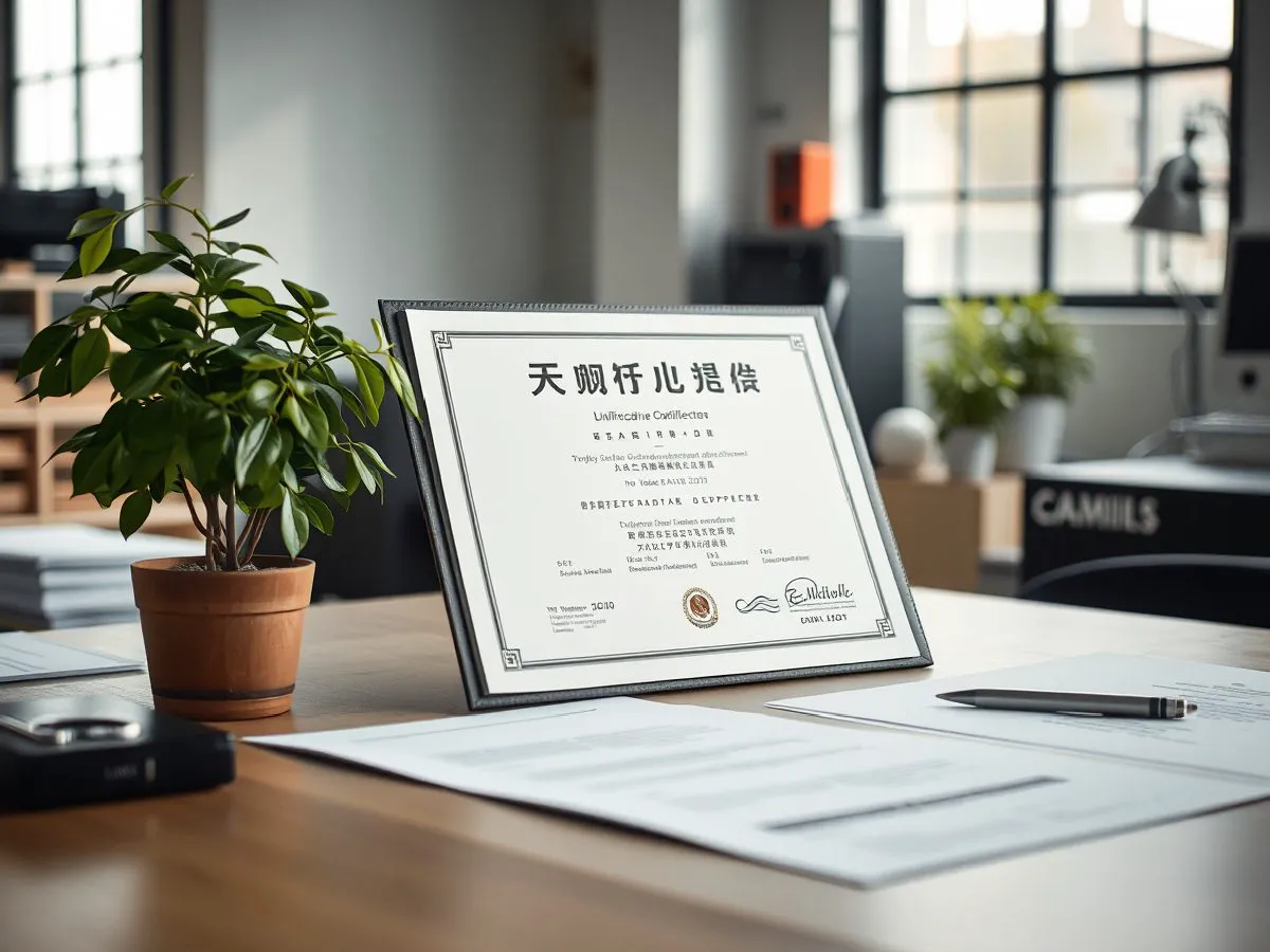 城市园林绿化企业资质证书展示,背景为办公桌面与绿植