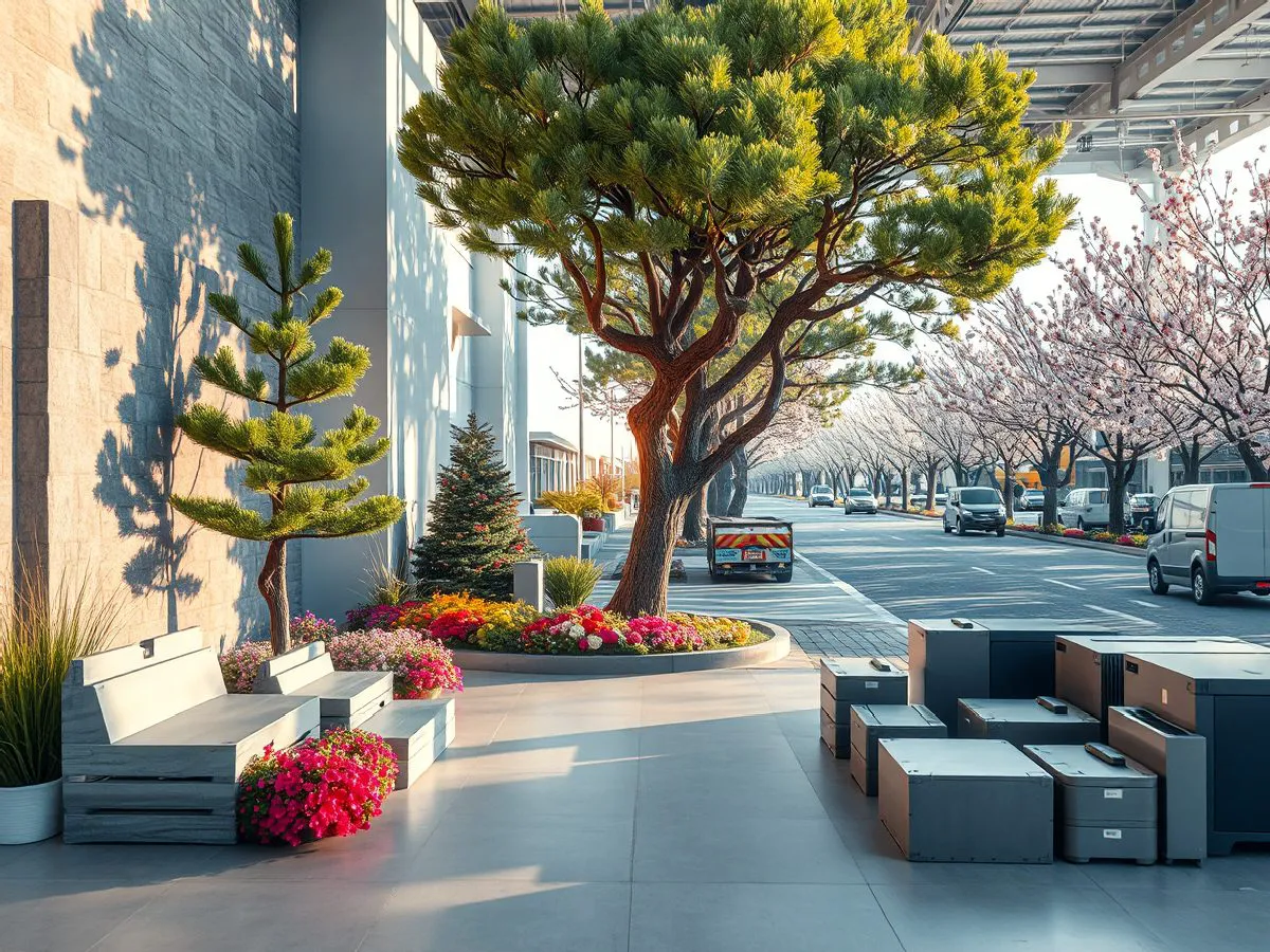 园区入口景观提升效果图,展示标志景墙、造型松和樱花行道树